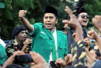 Ketua PW Ansor Jatim, Musaffa Safril di sela kegiatan Apel Akbar memperingati Hari Kesaktian Pancasila di area parkir timur GOR Sidoarjo (Foto: dok. PW GP Ansor Jatim).