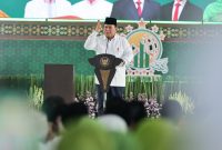Presiden Prabowo saat menyampaikan sambutannya dalam pembukaan Kongres XVIII Muslimat NU, di Jatim Expo, Surabaya, Senin (10/2/2025). Foto : Rafly / JNR
